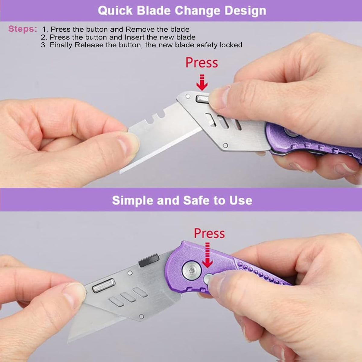 Folding Utility Knife, Heavy Duty Box Cutter Purple, Razor Knife