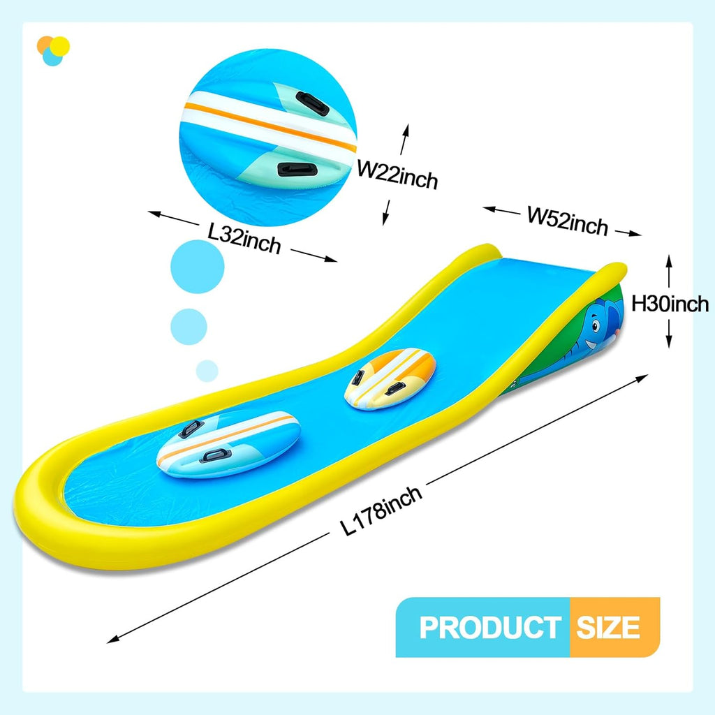Inflatable Water Slide with Sprinkler for Kids,15FT waterslide with 2 Inflatable Surf Riders and Built-in Sprayer for