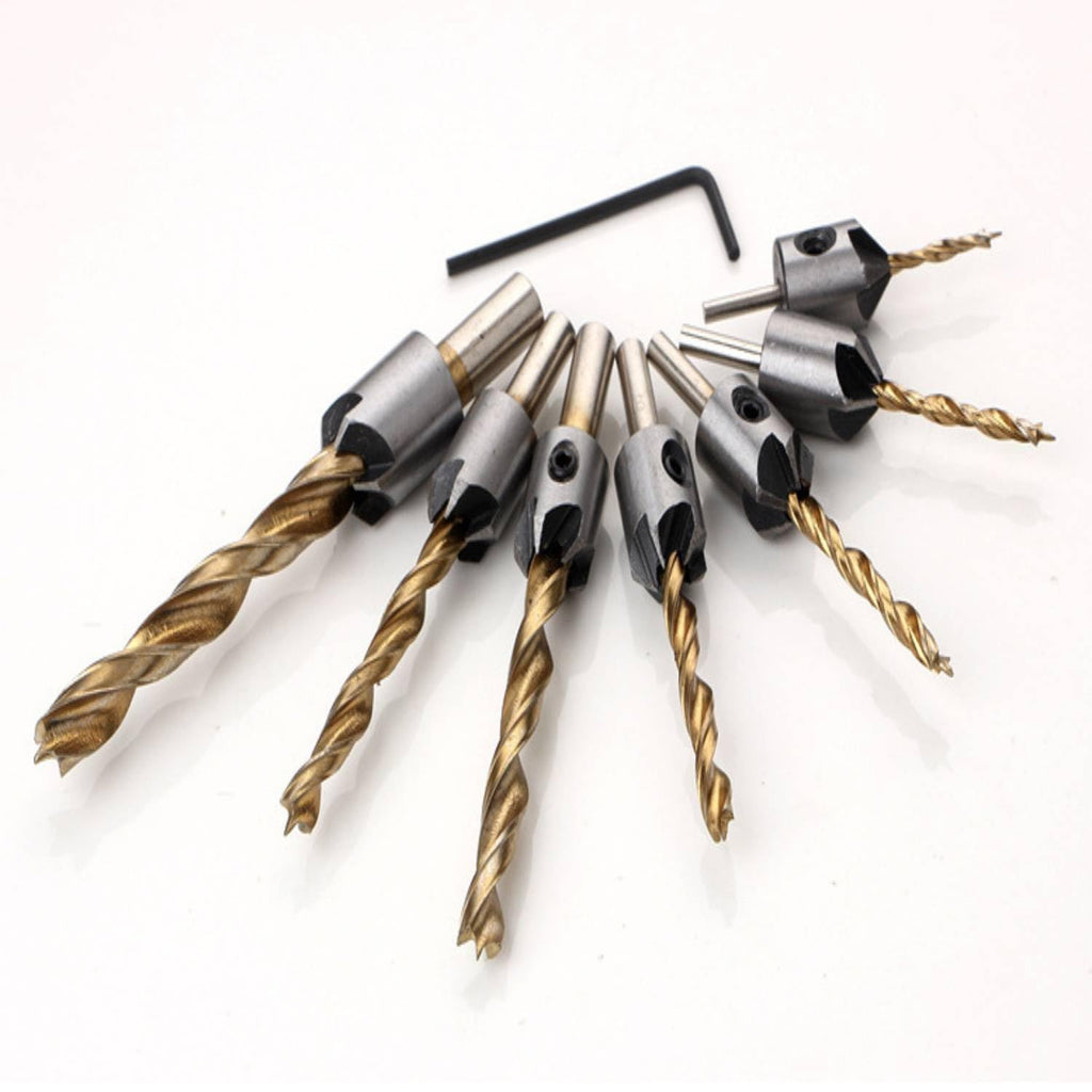 Socoje 7PCS 3-10mm Round Shank Titanium Coated Countersink Drill Bit Set Replacement Three Point Drill Set Carpentry Boring Tool Woodworking Tool with Hexagon