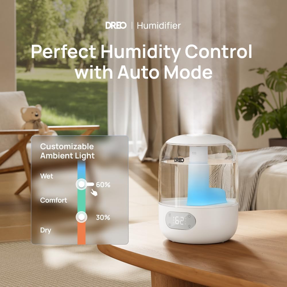 3L Smart Humidifiers for Bedroom, 30H Runtime, 26 dB Quiet, Top Fill | Easy to Clean, Precise Humidity Control, Night
