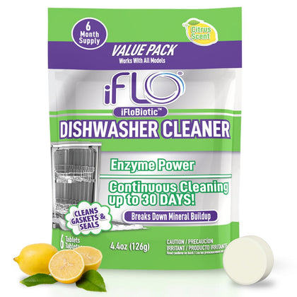 Dishwasher Cleaner Tablets with iFLObiotic, Citrus Scent (6 Pack)