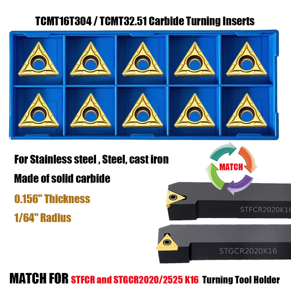 20pcs TCMT32.51 / TCMT16T304 Carbide Turning Inserts,TISIN Coating, Replacement Inserts for CNC Lathe,TCMT Inserts, for STFCR Turning Tool Holder