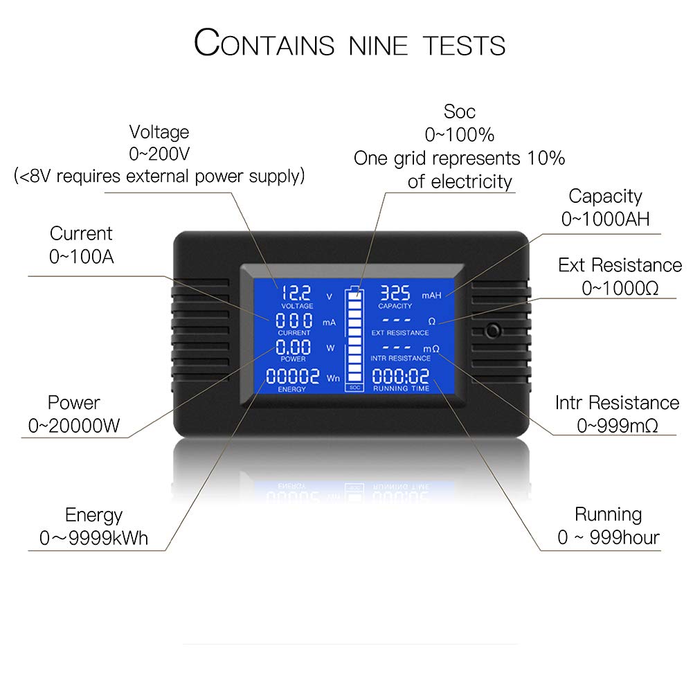DC 0-200V 100A Digital Battery Monitor Meter, LCD, Solar, Multifunction | Solar Power Meter, Multimeter, Ammeter