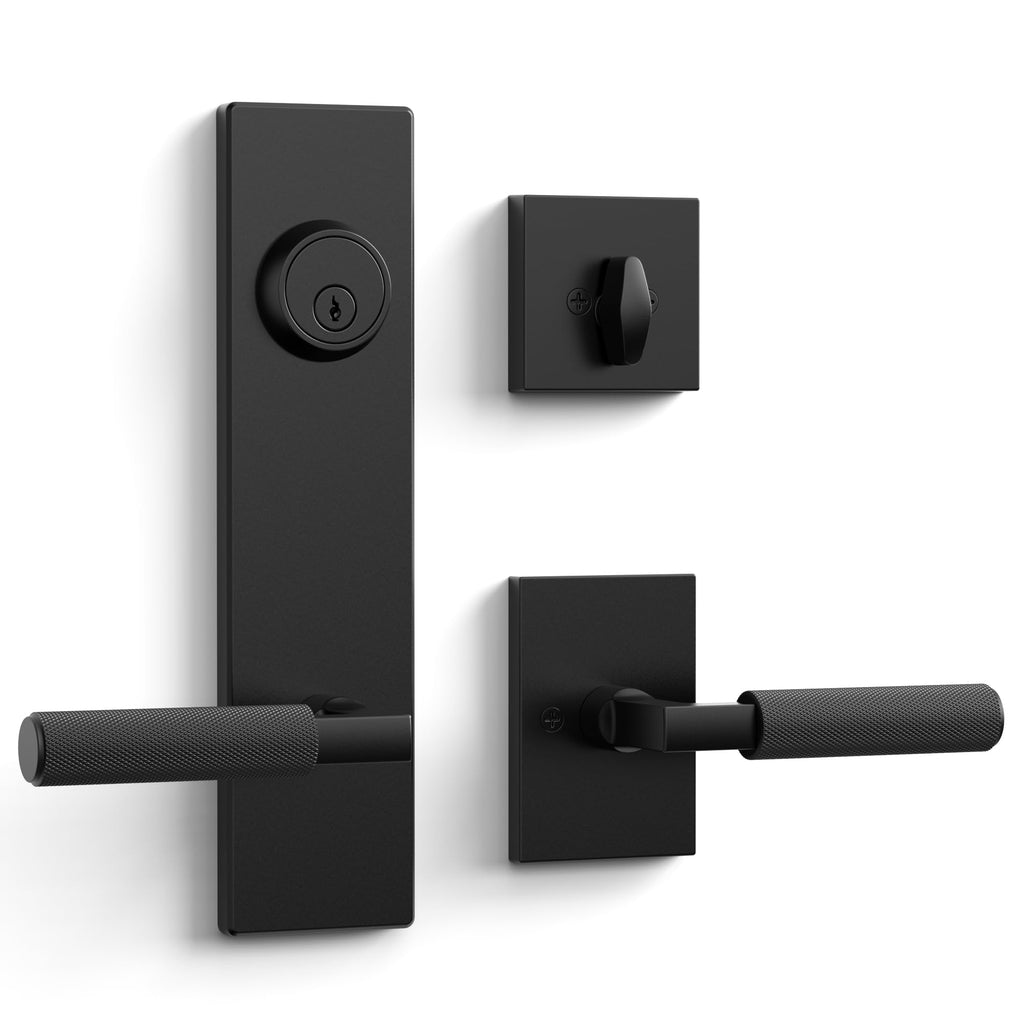 2 Pack Matte Black Solid Heavy-Duty Knurled Front Door Handle Set with Deadbolt, Architectural Grade Modern Entry