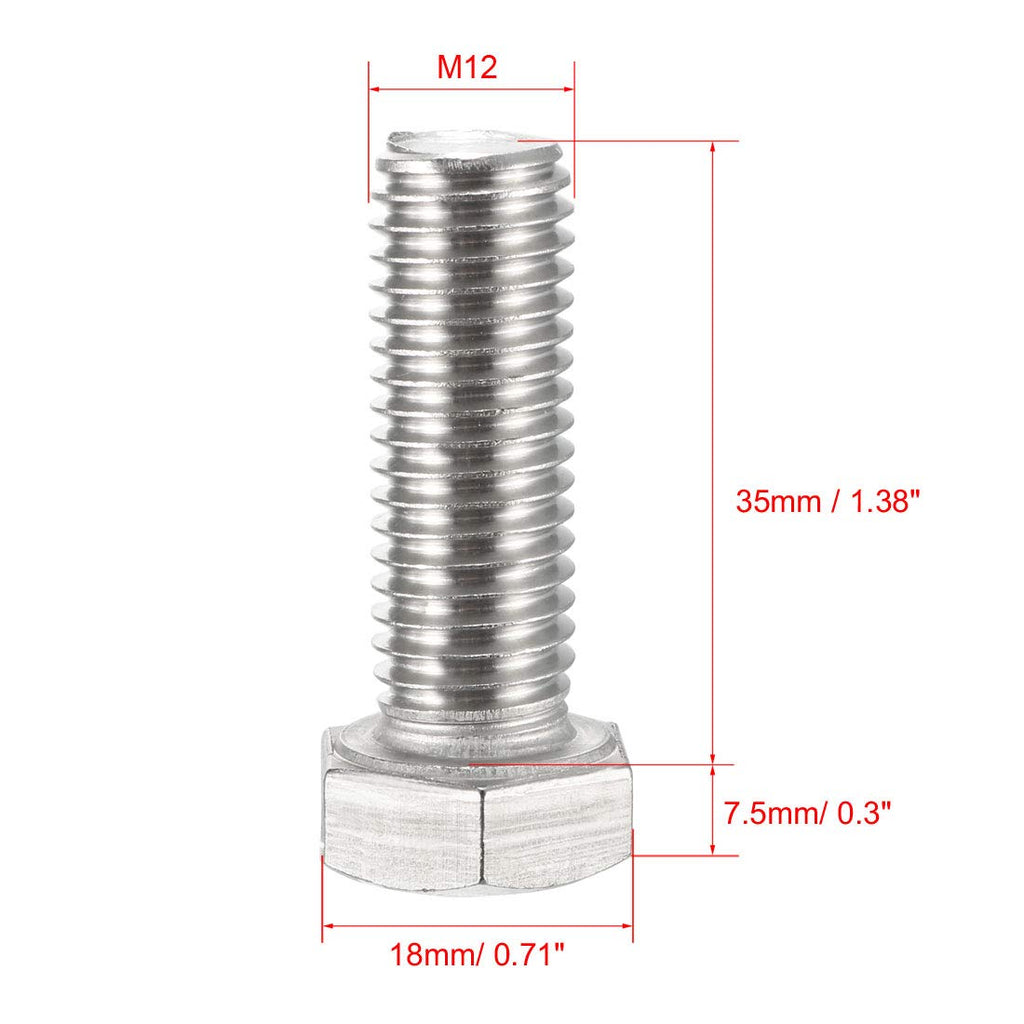uxcell M12x35mm Hex Bolts 304 Stainless Steel Hexagon Screw Bolts 5pcs