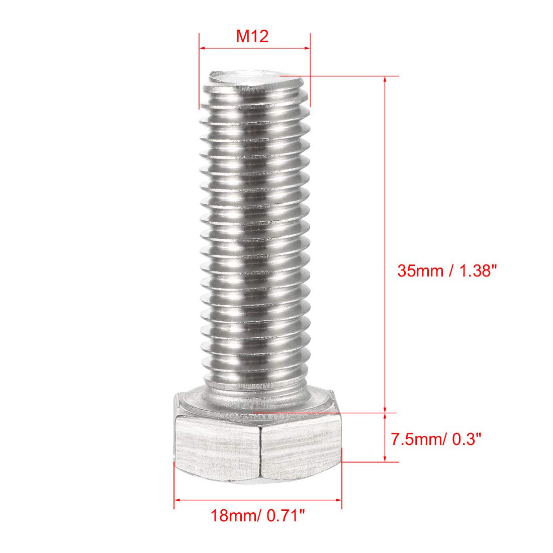 uxcell M12x35mm Hex Bolts 304 Stainless Steel Hexagon Screw Bolts 5pcs