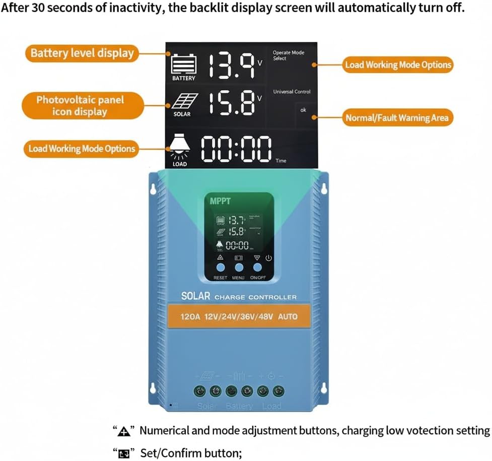 Solar Charge Controller 120A 12V 24V 36V 48V Intelligent Recognition LCD Display Battery Intelligent Regulator