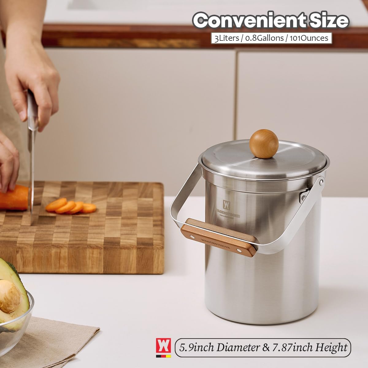 Kitchen Countertop Compost Bin 101ounces / 3Liters with Airtight Lid, SUS304 Stainless Steel Odor-Free Food Waste Bin