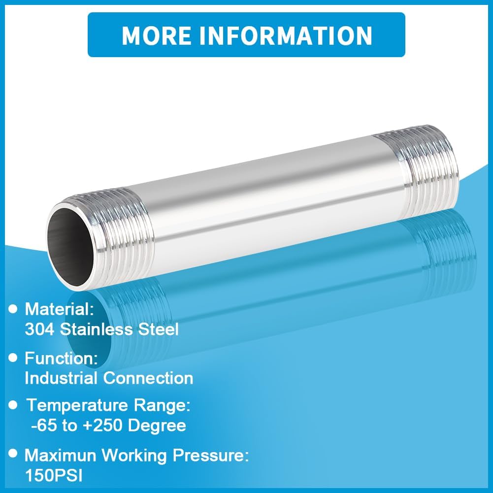 Quickun 304 Stainless Steel Nipple Pipe Fitting, 1/2" NPT x 1/2" NPT Male Malleable Nipple Cast Pipe 2" Length