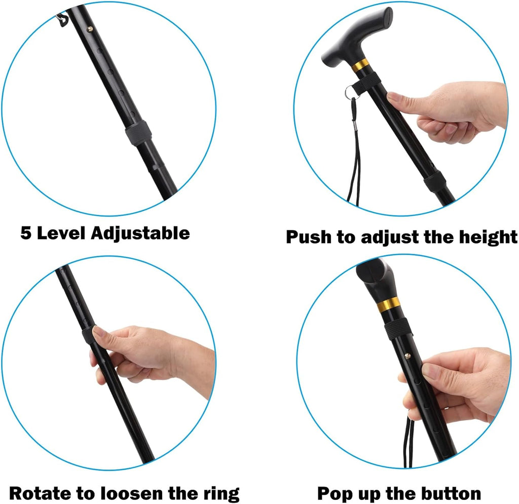 Folding Lightweight Walking Stick - Adjustable Aluminum Metal Collapsible Travel Cane with Non-Slip Rubber Base