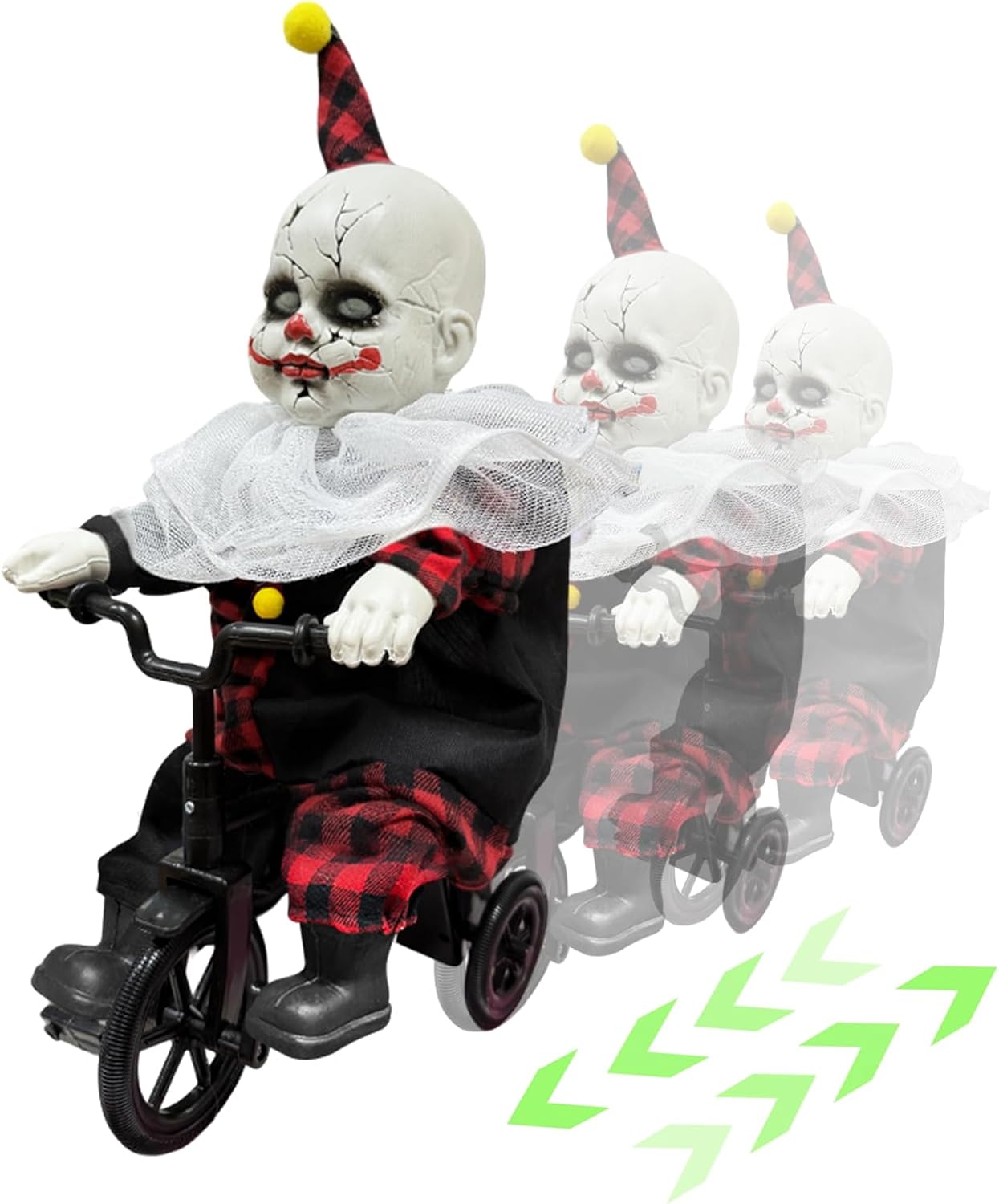 [Moving Back and Forth] Halloween Animatronic 15.5” Clown Ride on Bicycle, Sound Activated Spooky Talking Halloween