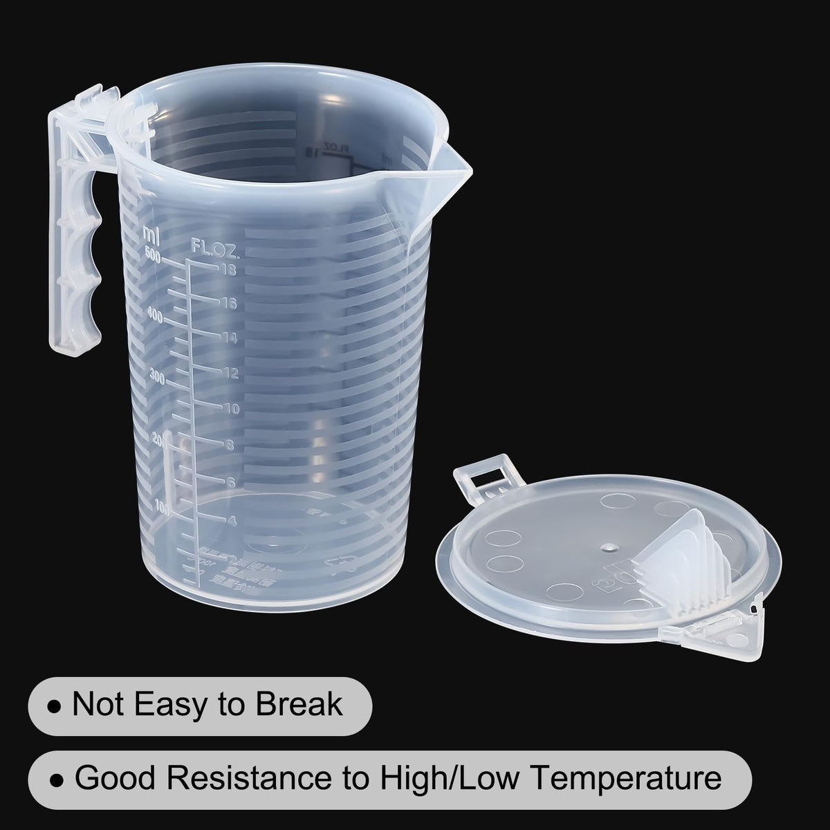 Graduated Beaker, 500ml PP Plastic Liquid Measuring Cup Double Sided Black Graduations with Handle Lid and Spout for