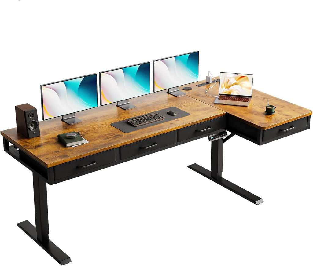 63 Inch L Shaped Electric Standing Desk with Drawers, Height Adjustable Large Desk with Power Outlets, Sit Stand