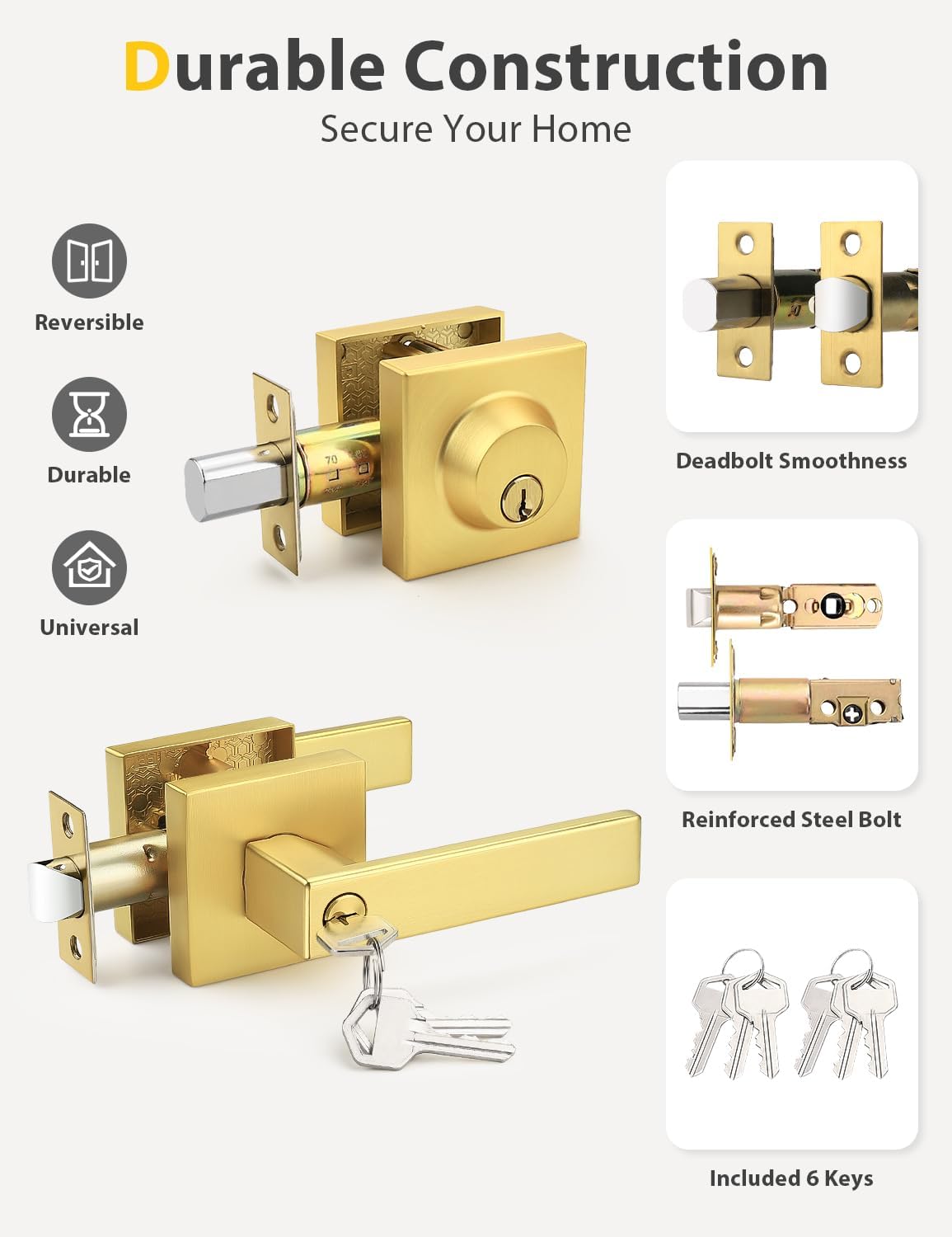 Brushed Gold Keyed Alike Front/Exterior Door Lever with Single Cylinder Deadbolt, Satin Brass Entry Door Knob Lock