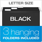 Portable File Box with File Rails, Hinged Lid with Double Latch Closure, Black, 3 Black Letter Size Hanging Folders