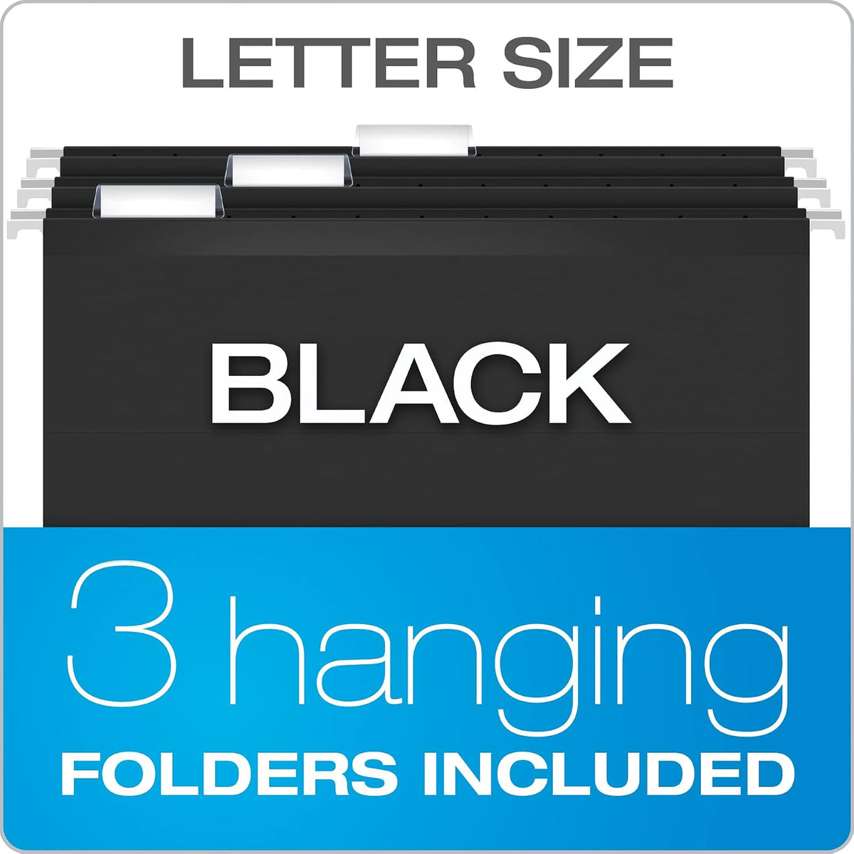 Portable File Box with File Rails, Hinged Lid with Double Latch Closure, Black, 3 Black Letter Size Hanging Folders