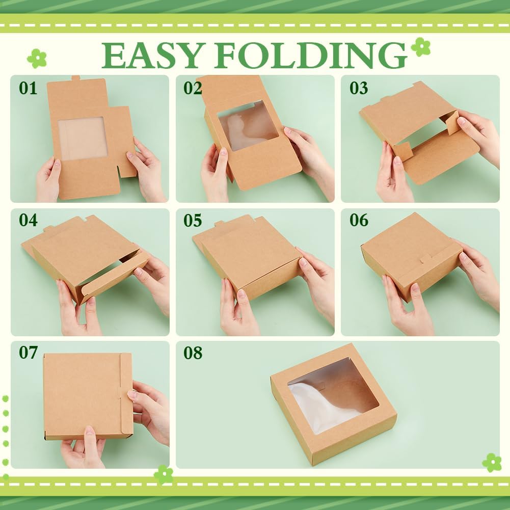16Packs 5.5x5.5x2inch Clear PVC Square Window Gift Boxes, Brown Kraft Paper Present Boxes for Wedding Gift