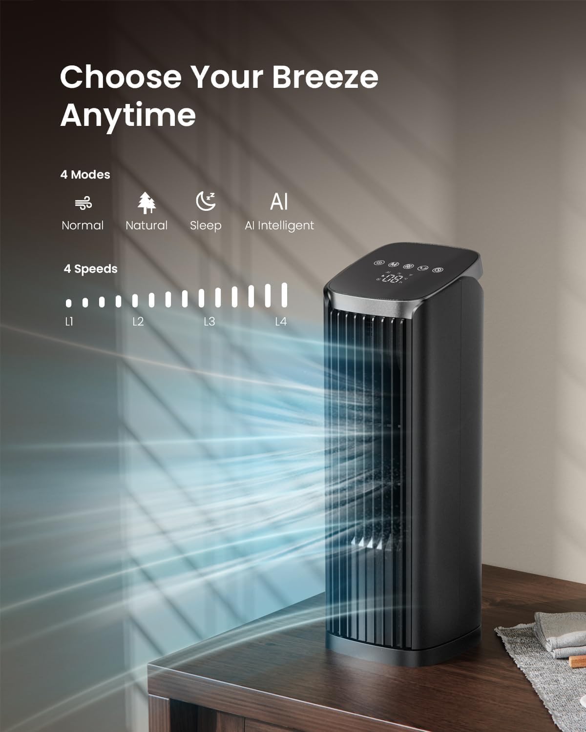 Tower Fan for Bedroom, 13.2" Quiet Desk Fan with Remote, 4 Modes 4 Speeds Max 24ft/, 70° Oscillating Table Fan
