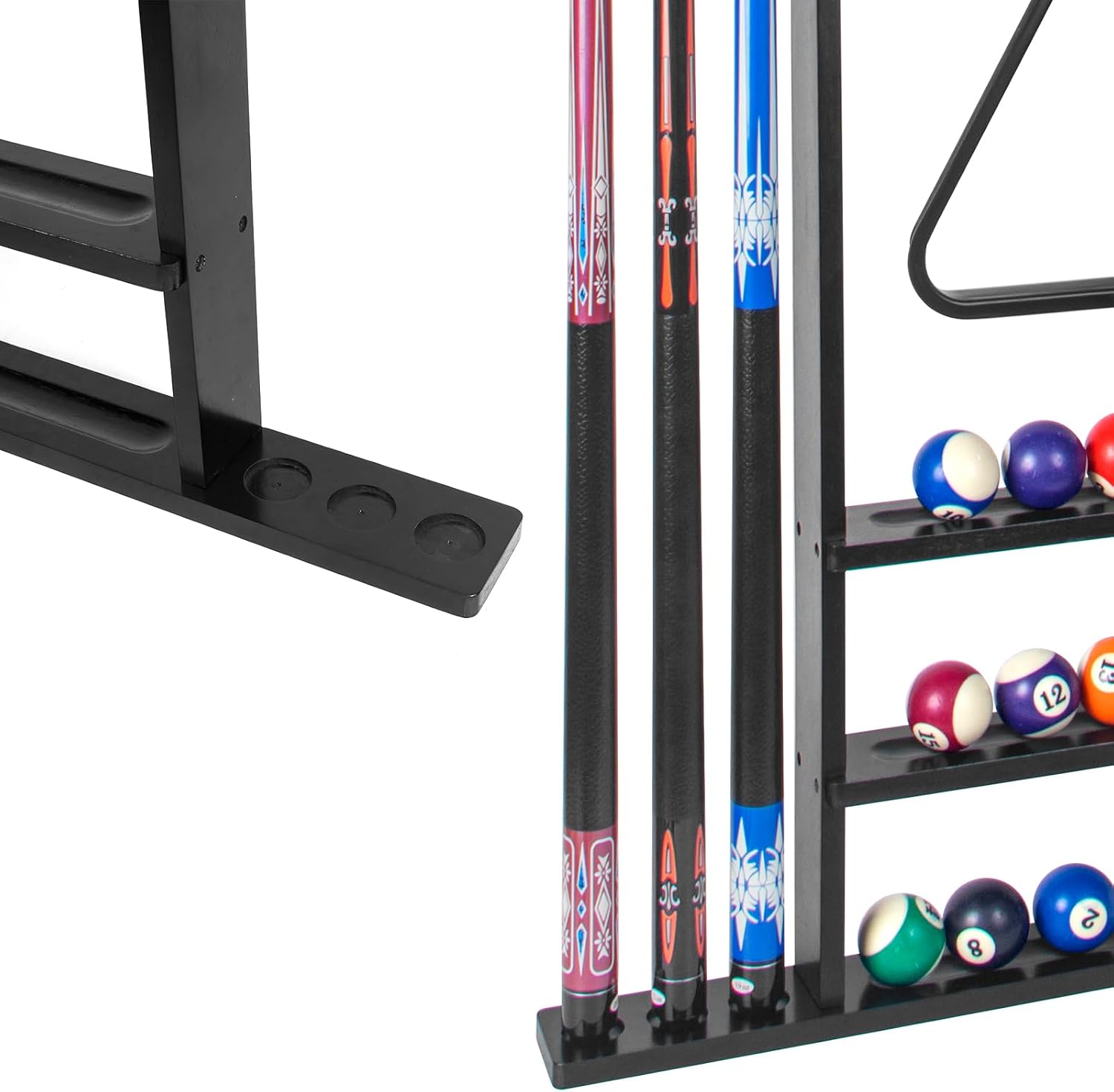 Black Pool Stick Holder, Wall Mount Pool Cue Rack ,Solid Wood Floor Stand for billiard cue sticks,Holds 6 Pool Cues &