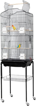 65.5 Inch Large Wrought Iron Bird Cage with Open Play Top, Heavy-Duty Detachable Rolling Stand & Storage, Flight Cage