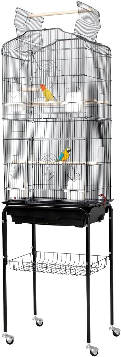 65.5 Inch Large Wrought Iron Bird Cage with Open Play Top, Heavy-Duty Detachable Rolling Stand & Storage, Flight Cage