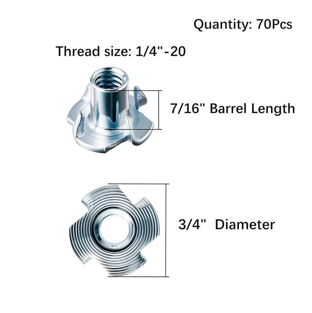 70Pcs Zinc Plated T-Nuts, 1/4"-20 Carbon Steel 4-Pronged Tee Nut