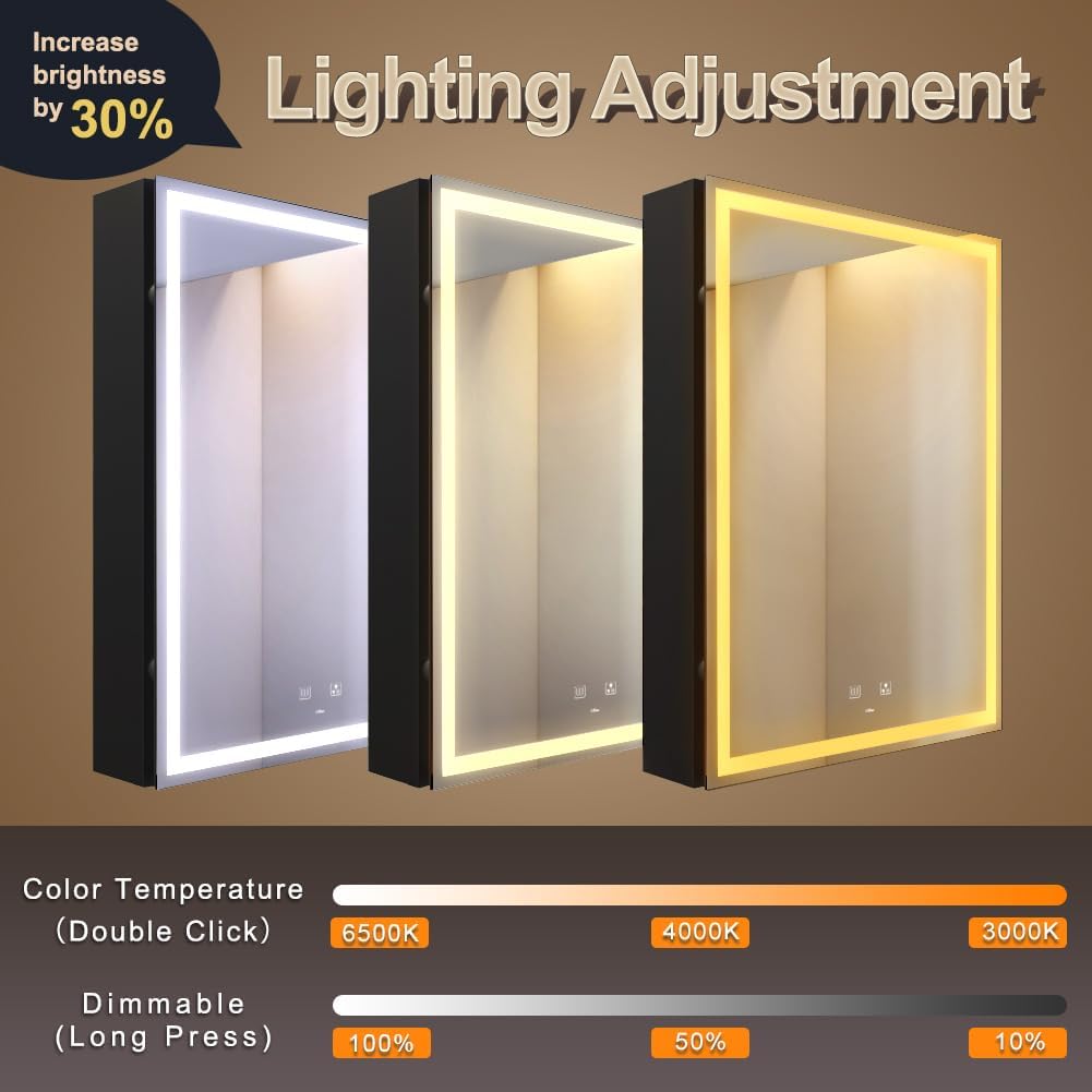 LED Bathroom Mirror Cabinet, Light Adjustment, Anti-Fog, Sockets&USBs