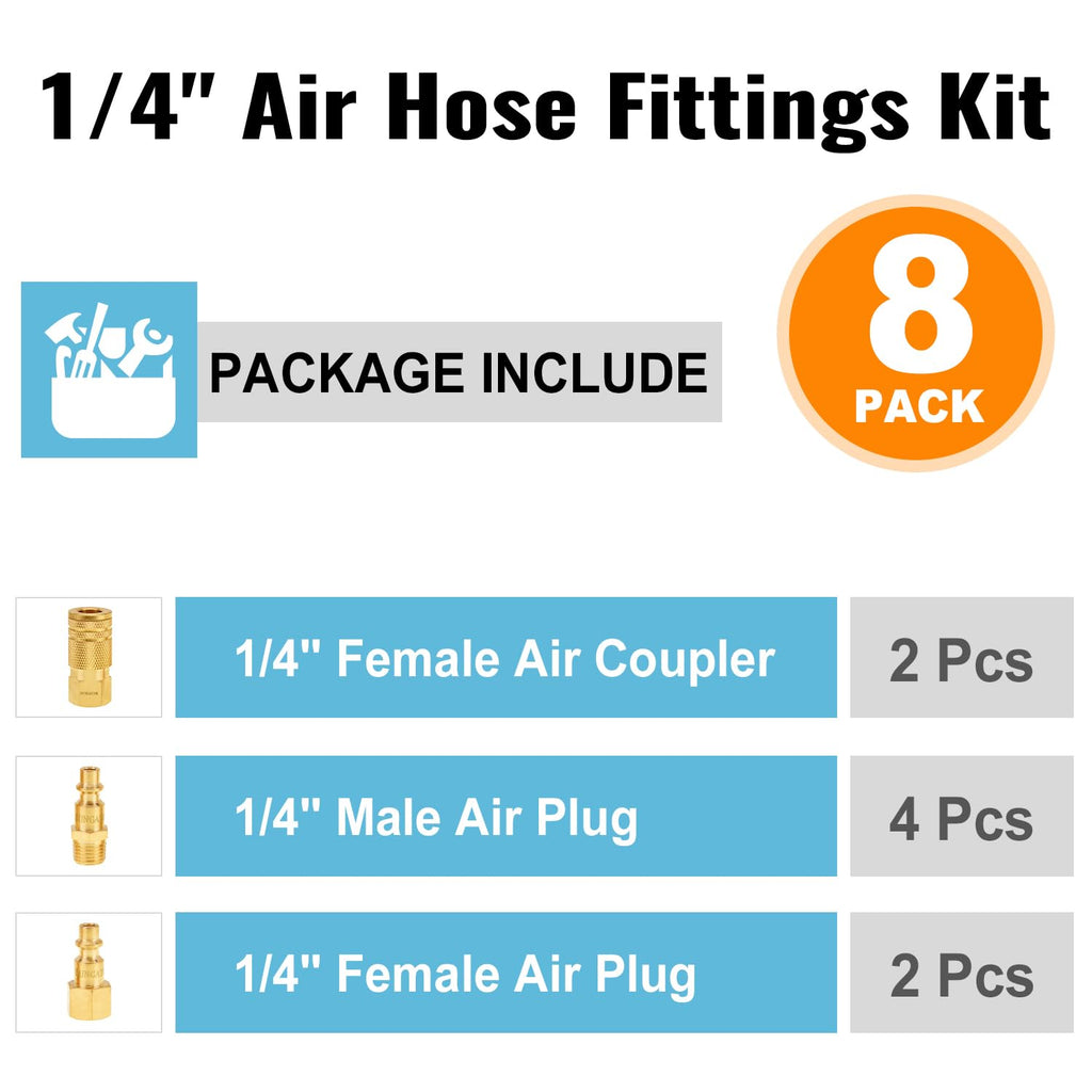 SUNGATOR 8-Piece Solid Brass 1/4" NPT Air Compressor Fitting, Quick Connect