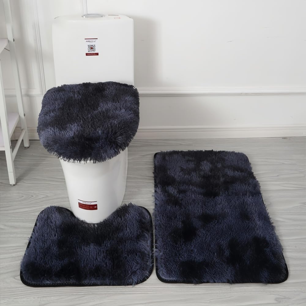 Bathroom Rugs Sets 3 Piece,U-Shaped Toilet Floor Mat +Non Slip Rugs +Toilet Lid Cover Mat,with PVC Point Rubber