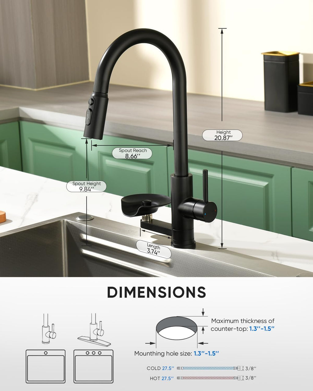 Kitchen Faucet with Cup Washer Pull Down Sprayer Stainless Steel Kitchen Sink Faucet with Deck Plate Glass Rinser