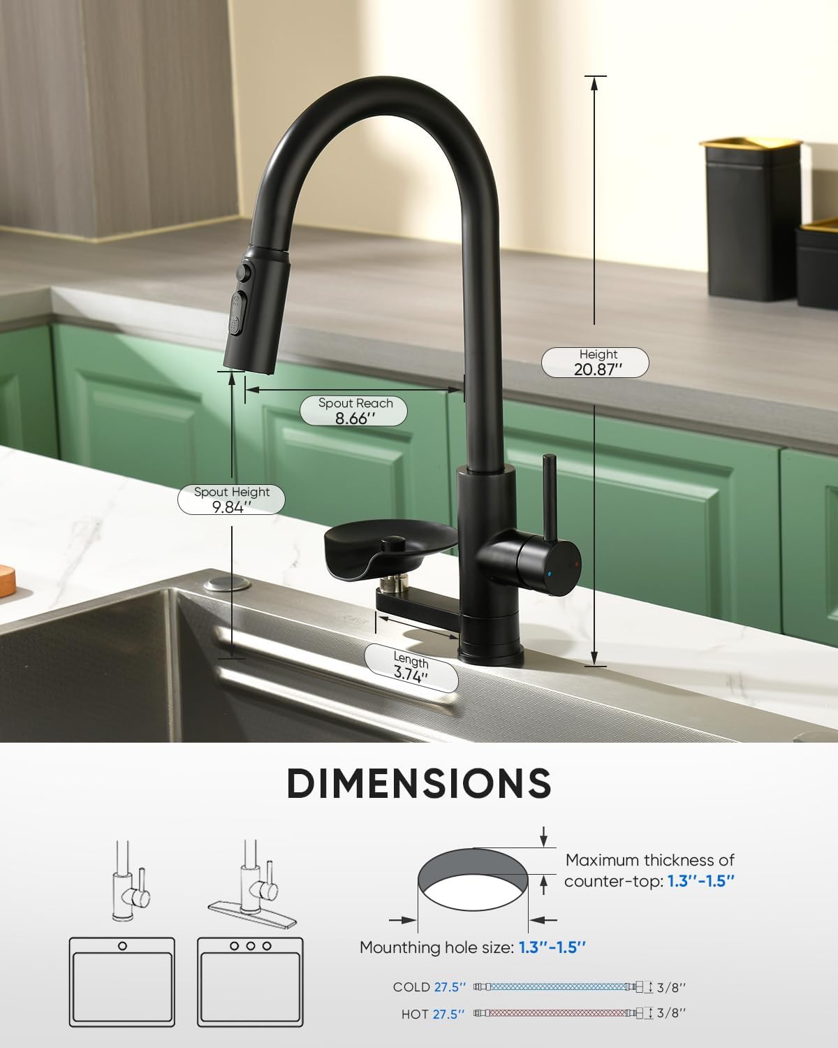 Kitchen Faucet with Cup Washer Pull Down Sprayer Stainless Steel Kitchen Sink Faucet with Deck Plate Glass Rinser