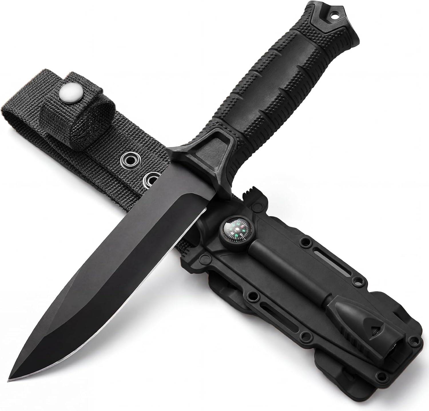 Fixed Blade Tactical Survival Knife, Full Tang 8Cr13MoV with Sheath, Fire Starter & Compass, Non-Slip Handle, for