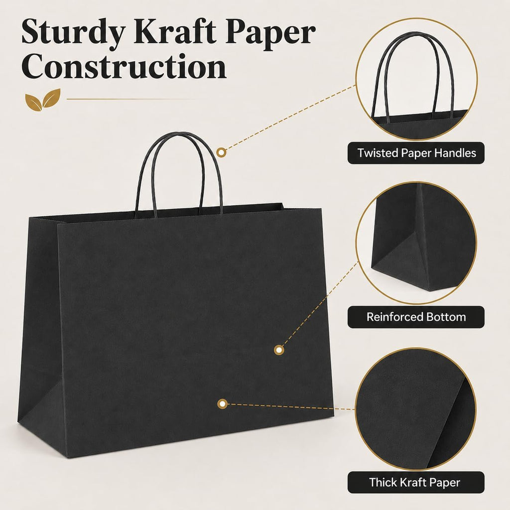 Black Paper Bags with Handles, Large Shopping Bags 16x6x12, 100 Pack