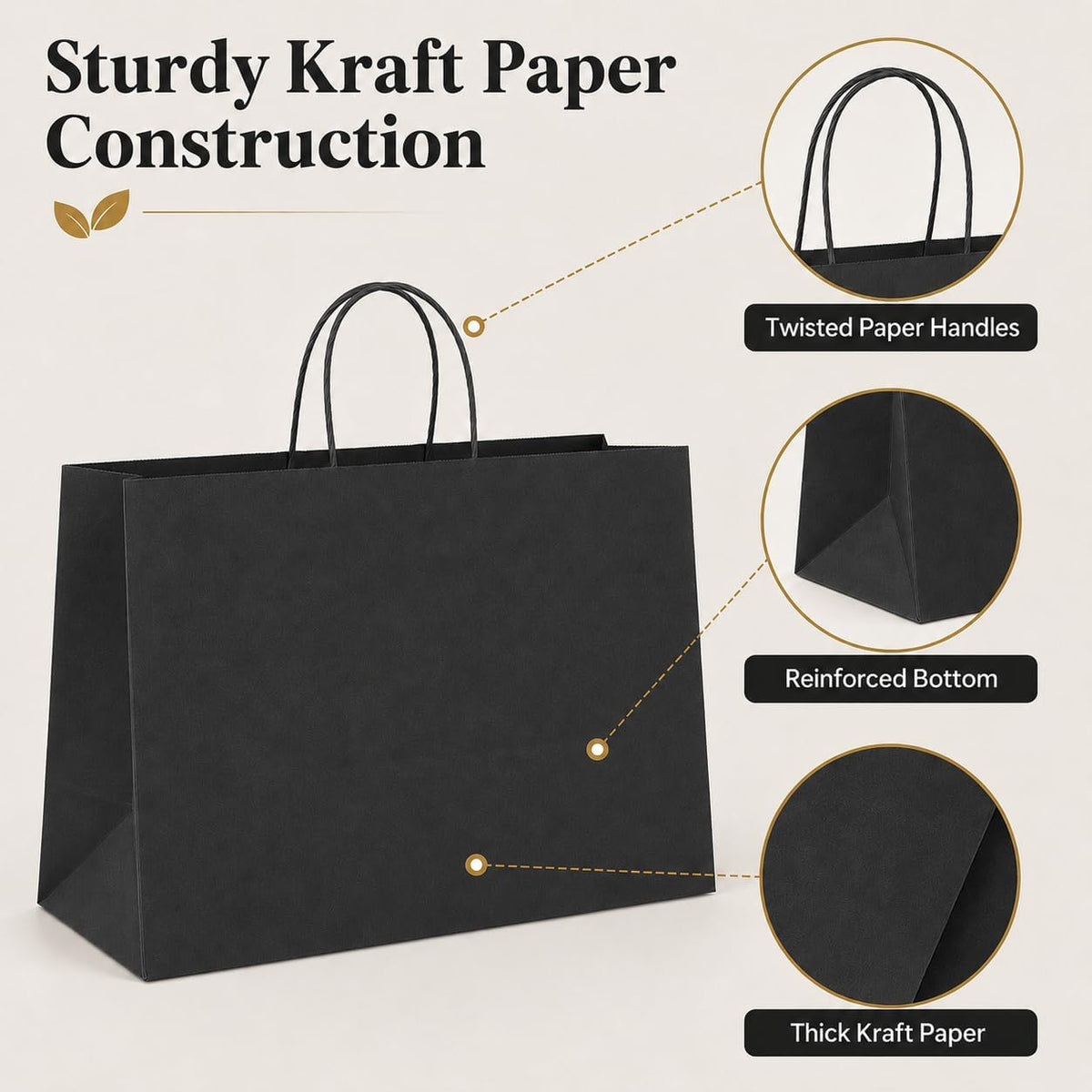 Black Paper Bags with Handles, Large Shopping Bags 16x6x12, 100 Pack