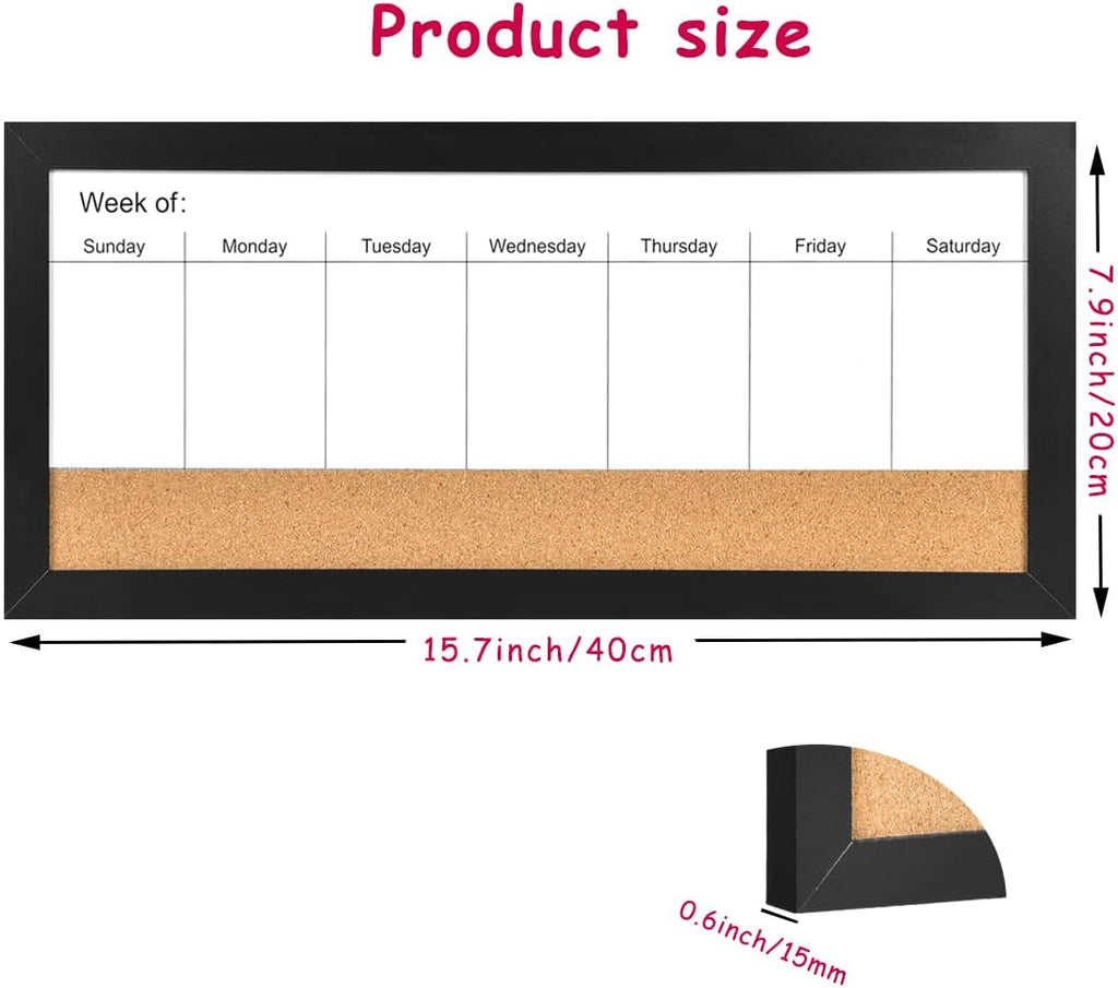 Magnetic Weekly Dry Erase White Board and Cork Board, Black Wood Frame，Magnetic Surface Whiteboard for Home Office