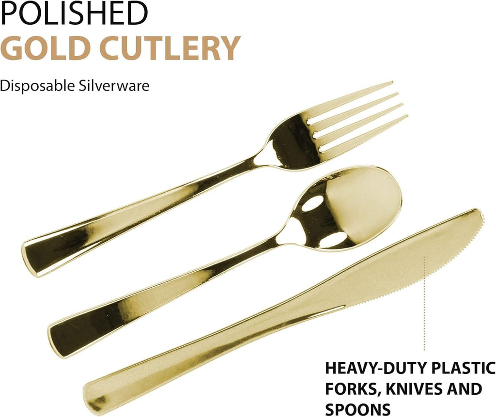 Gold Plastic Silverware Set, 160 Count, Extra Heavy Duty Flatware, Disposable Cutlery Utensils, 80 Forks, 40 Spoons