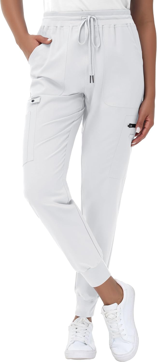 High Waisted Jogger Style Scrub Pants Petite White