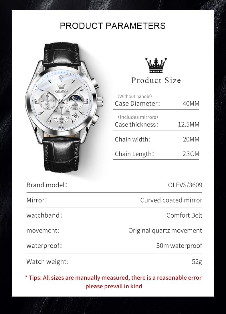 Men's Leather Analog Quartz Watch Luxury Chronograph Watch Waterproof