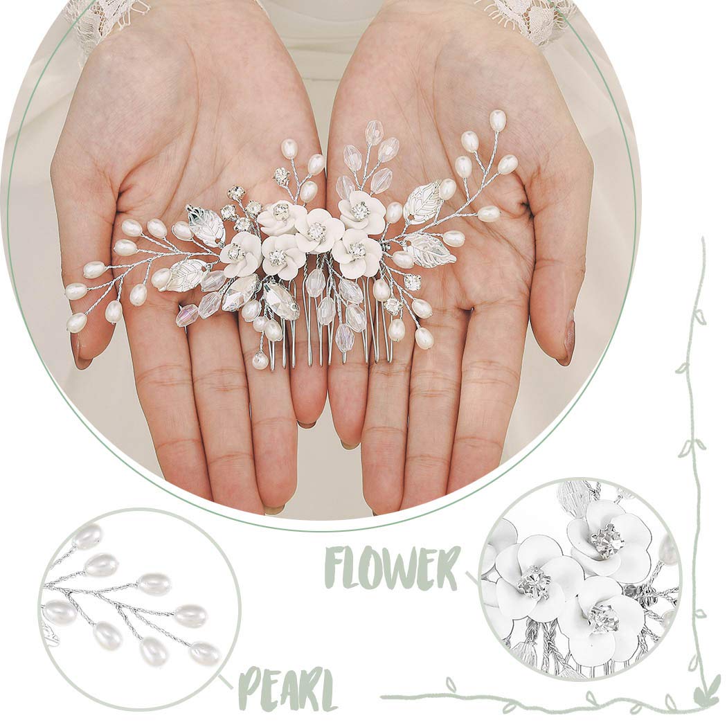 Flower Bride Wedding Hair Comb Leaf Silver Bridal Headpiece Pearl Hair Accessories Crystal Hair Piece Jewelry for