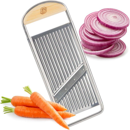 Handheld Mandoline Slicer for Kitchen, 12” x 4.5” | Stainless Steel Flat Mandolin with Cherrywood Handle, Julienne
