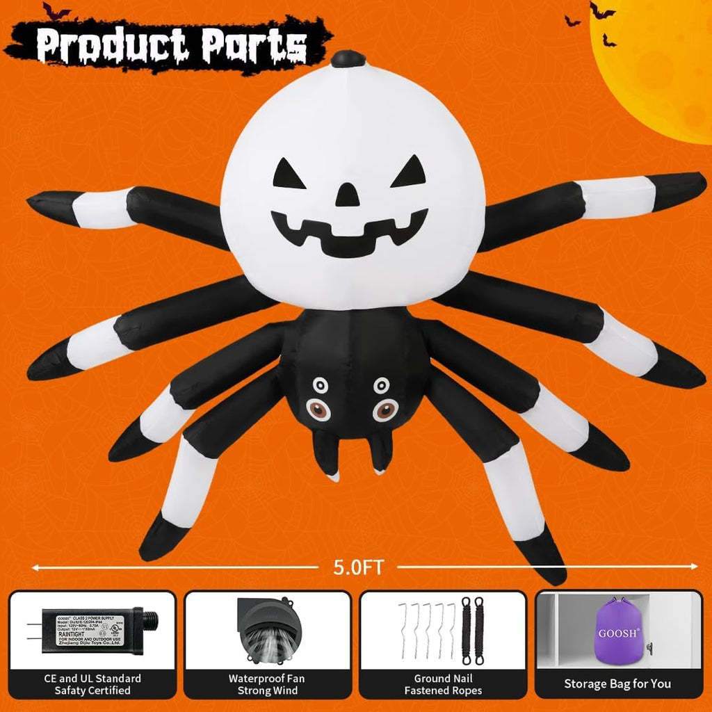 5 FT Width Halloween Inflatables Outdoor Decorations Spider with Magic Light, Blow Up Yard Decorations with LED
