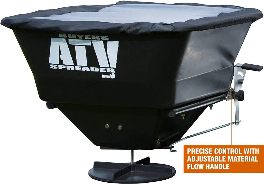 Buyers Products ATVS100 ATV Broadcast Spreader with Rain Cover, 100 lb Capacity, Rear Rack Mount, Poly Hopper, 12V Motor