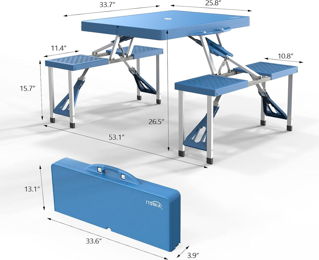 4 Ft Camping Picnic Table Set with 4 Seats with Umbrella Hole Folding Lightweight Suitcase Card Table-220 Lbs Support