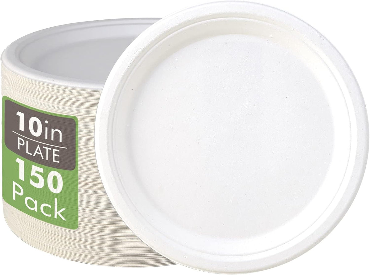 150 Pack Compostable Bagasse Paper Plates 10.25 inch, White