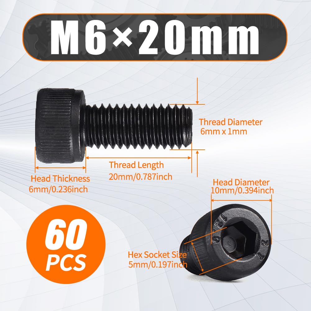 M6 x 20mm Hex Socket Cap Head Screws Bolts, 60pcs Grade12.9 Machine Screws