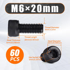 M6 x 20mm Hex Socket Cap Head Screws Bolts, 60pcs Grade12.9 Machine Screws