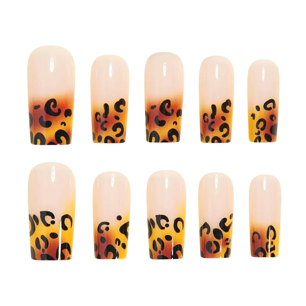 Medium Press on Coffin Nails - Brown Fake Nails with Leopard Print Design - Ombre, Winter False Nails Press ons