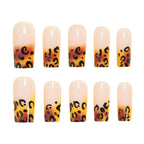 Medium Press on Coffin Nails - Brown Fake Nails with Leopard Print Design - Ombre, Winter False Nails Press ons