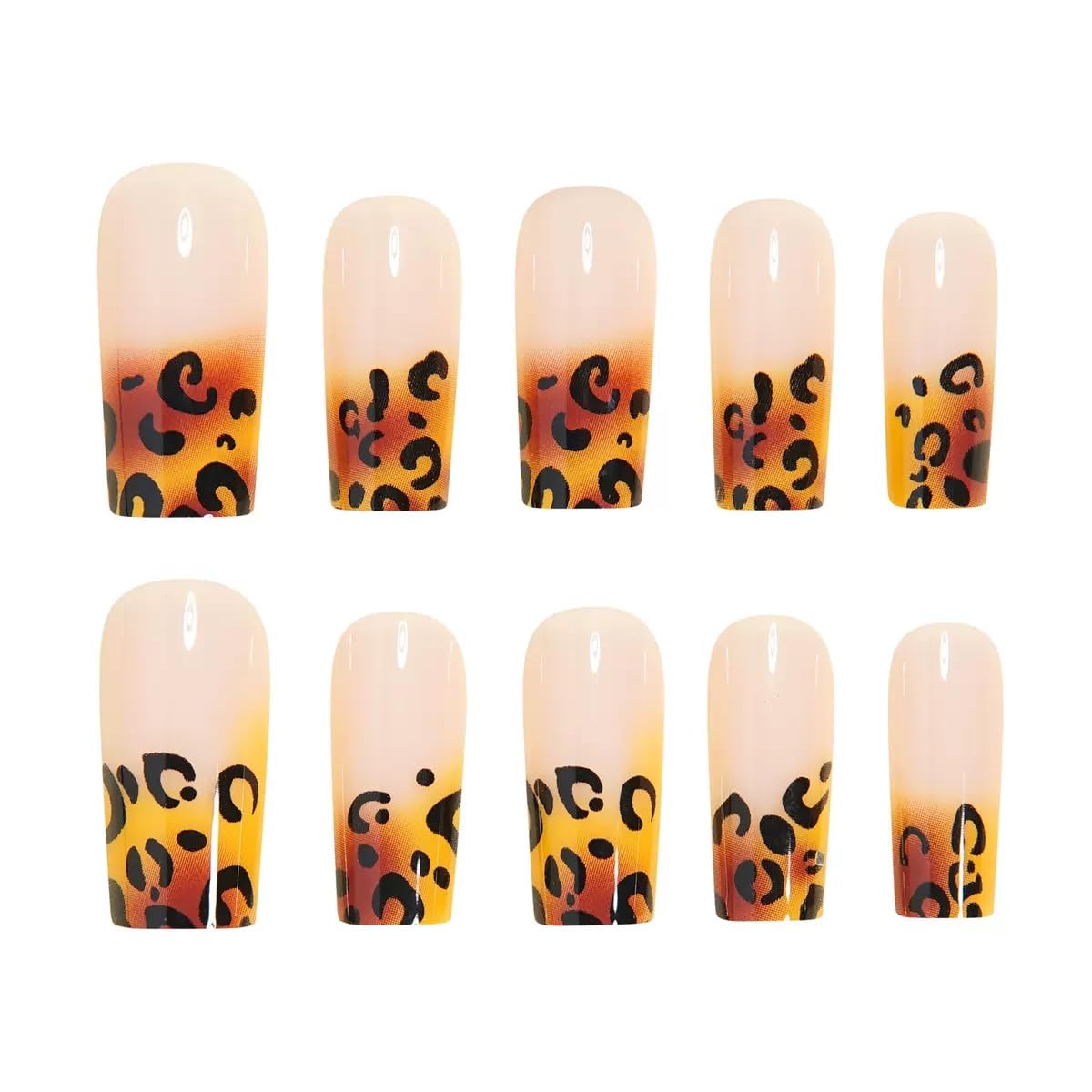 Medium Press on Coffin Nails - Brown Fake Nails with Leopard Print Design - Ombre, Winter False Nails Press ons