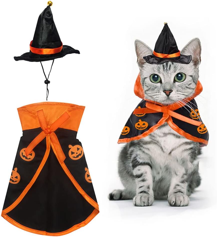 Halloween Cat Costume Cloak Witch Hat Pet Accessories Halloween Adjustable Pumpkin Pet Costumes Clothes Set